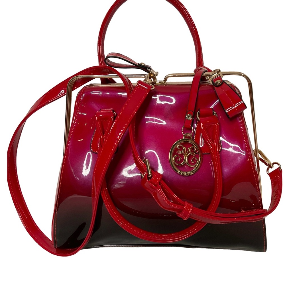 VIETA Fashion Red Glossy Satchel with Handles and Shoulder Strap